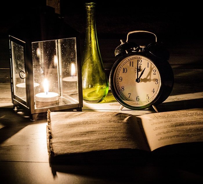 book clock and lantern