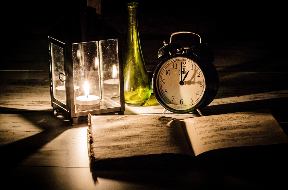 book clock and lantern