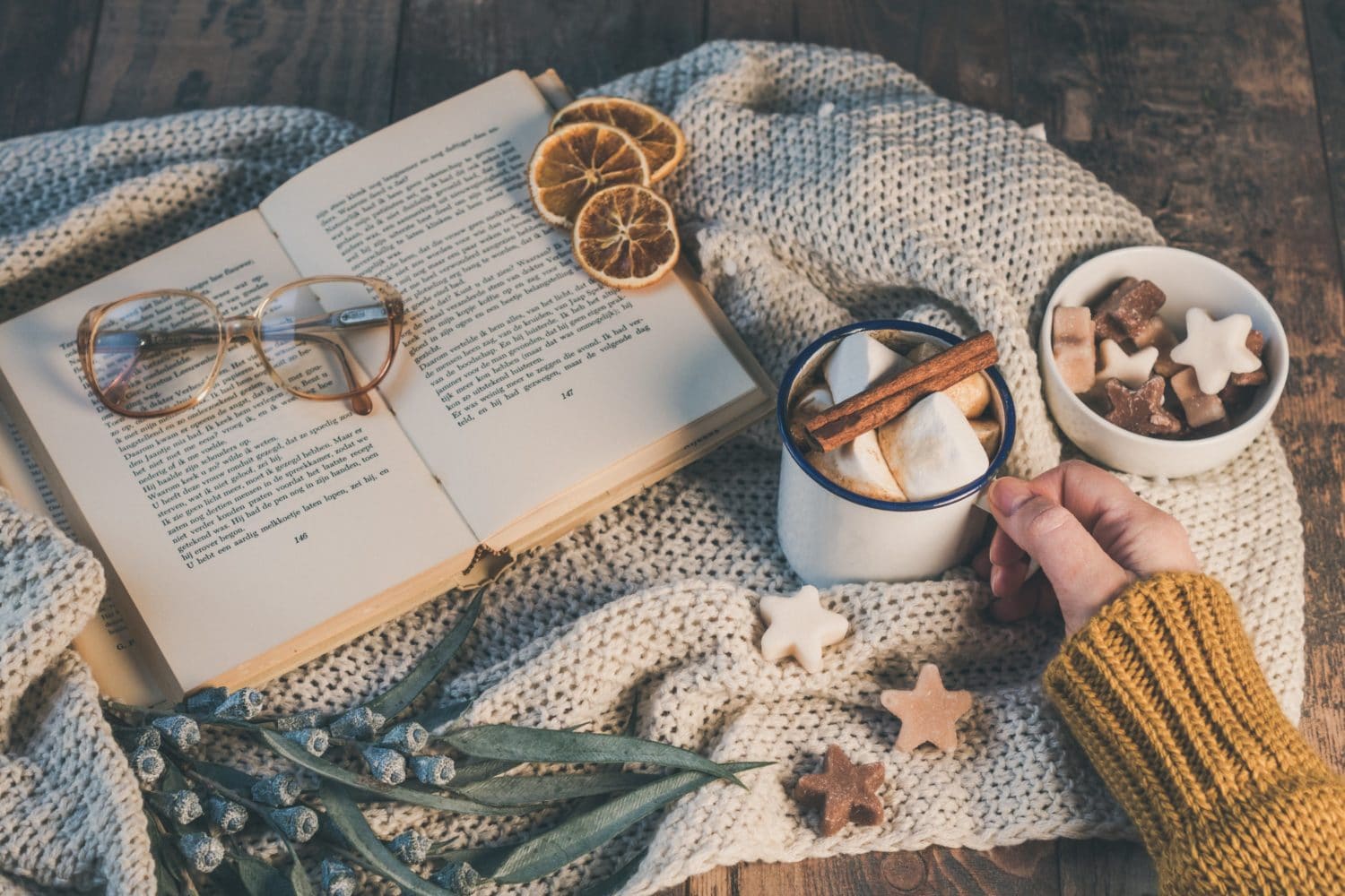 book knitted blanket hot cocoa