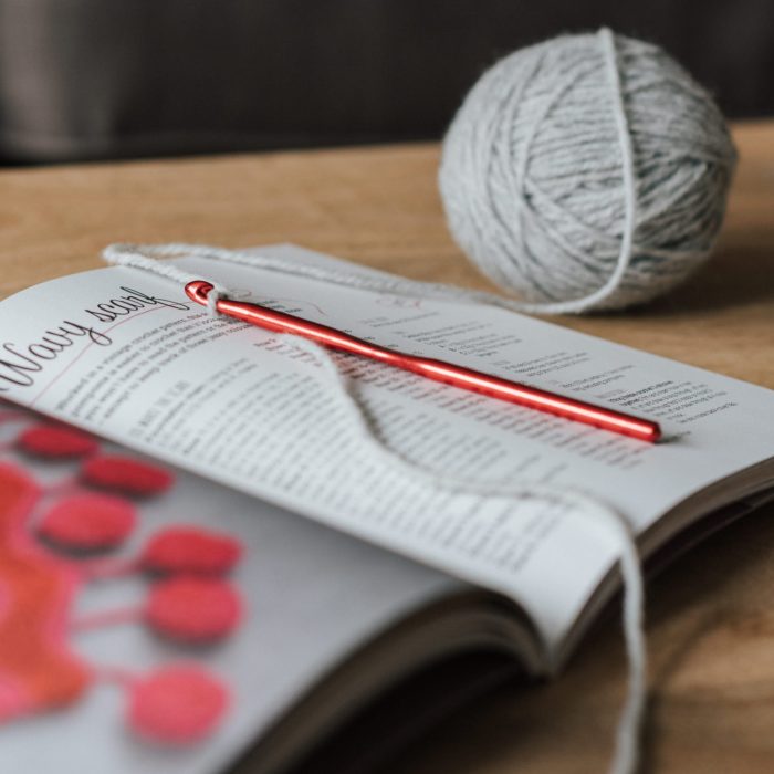 knitting book and yarn