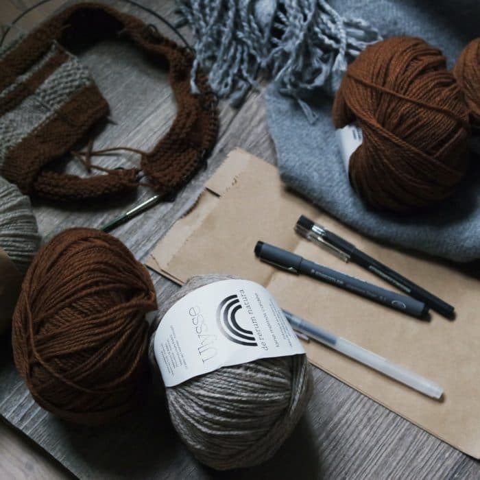 yarn, knitting, pens